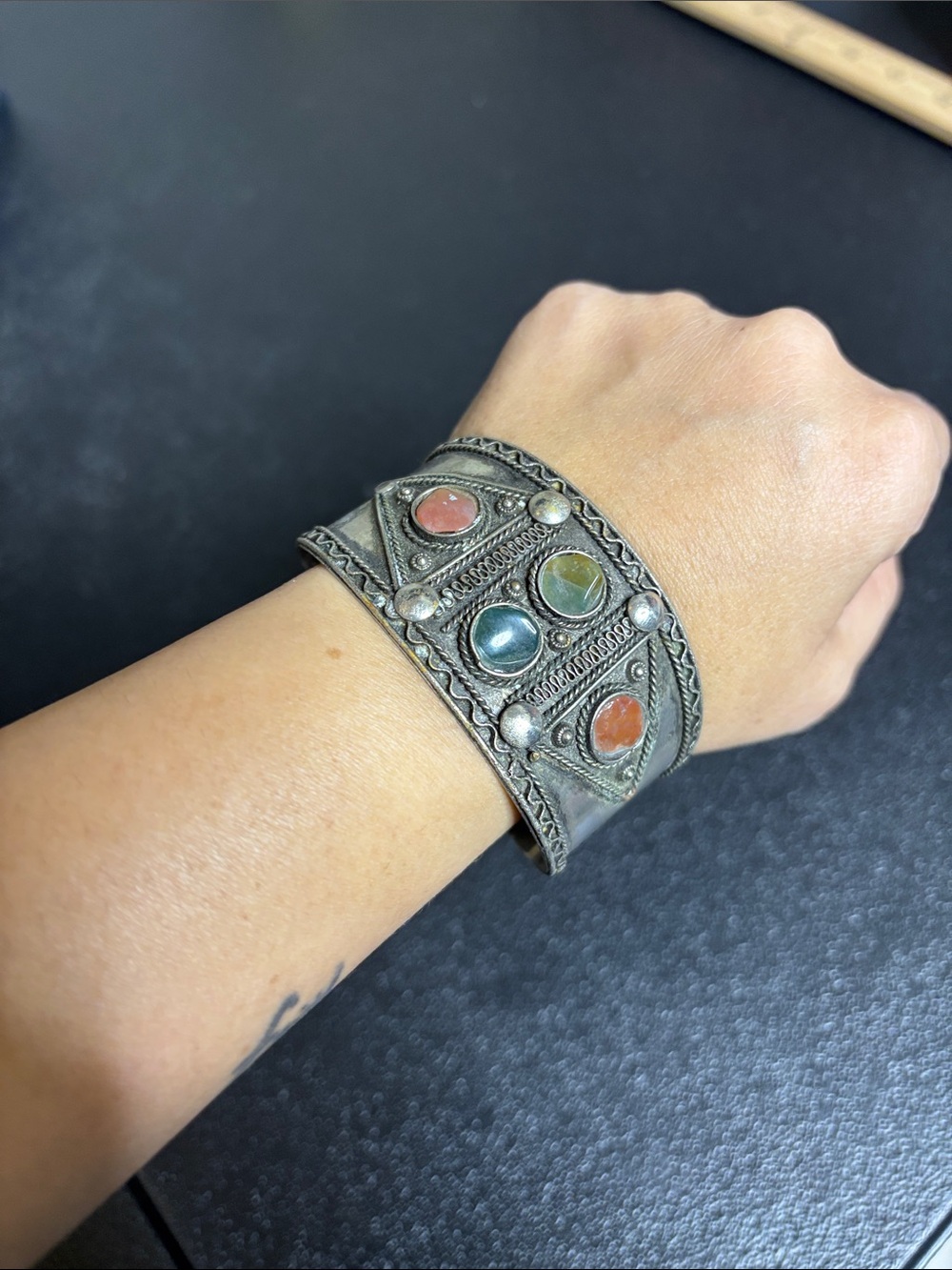 Southwestern Boho Silver Tone Multi-Stone Silver Cuff Bracelet Adjustable - Picture 6 of 7